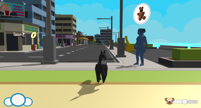Press 'B' to Bark<br><br> 
Skills:<br>- Unity <br> - C# Programming <br><br>
Brief: GGJ 2021 Theme 'Lost & Found'<br> As a part of a four person team we developed a short adventure game about a dog returning home, featuring a reputation system, a trading system and AI.
													  For my part I worked on creating the player controls, camera and animation state machine. My camera was later replaced 
													  the cinemachine camera as it was much more robust, but my player controller logic of having the player's forward direction be 
													  based on that of the camera easily carried over. This was also my first time working with the unity particle system which I 
													  plan on duplicating for my group games project.
													  <br> Link to GGj Page: https://globalgamejam.org/2021/games/press-b-bark-3